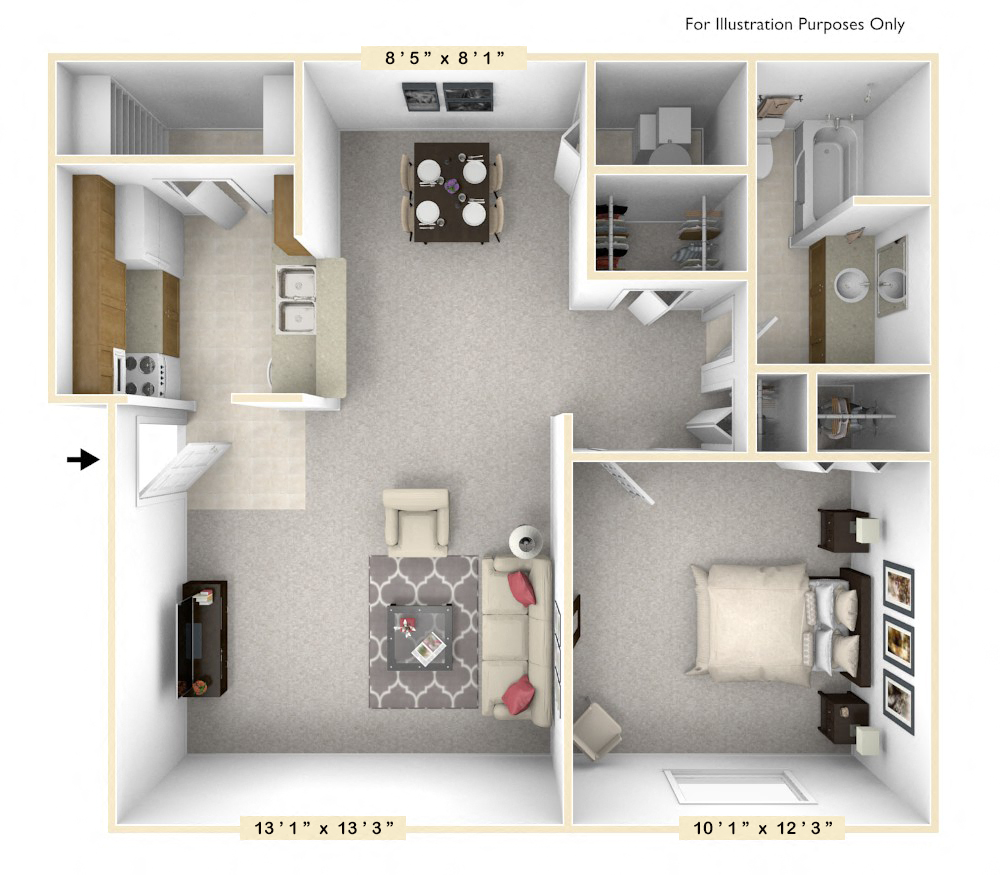 Floor plan for 1 bed, 1 bath, 633 sqft